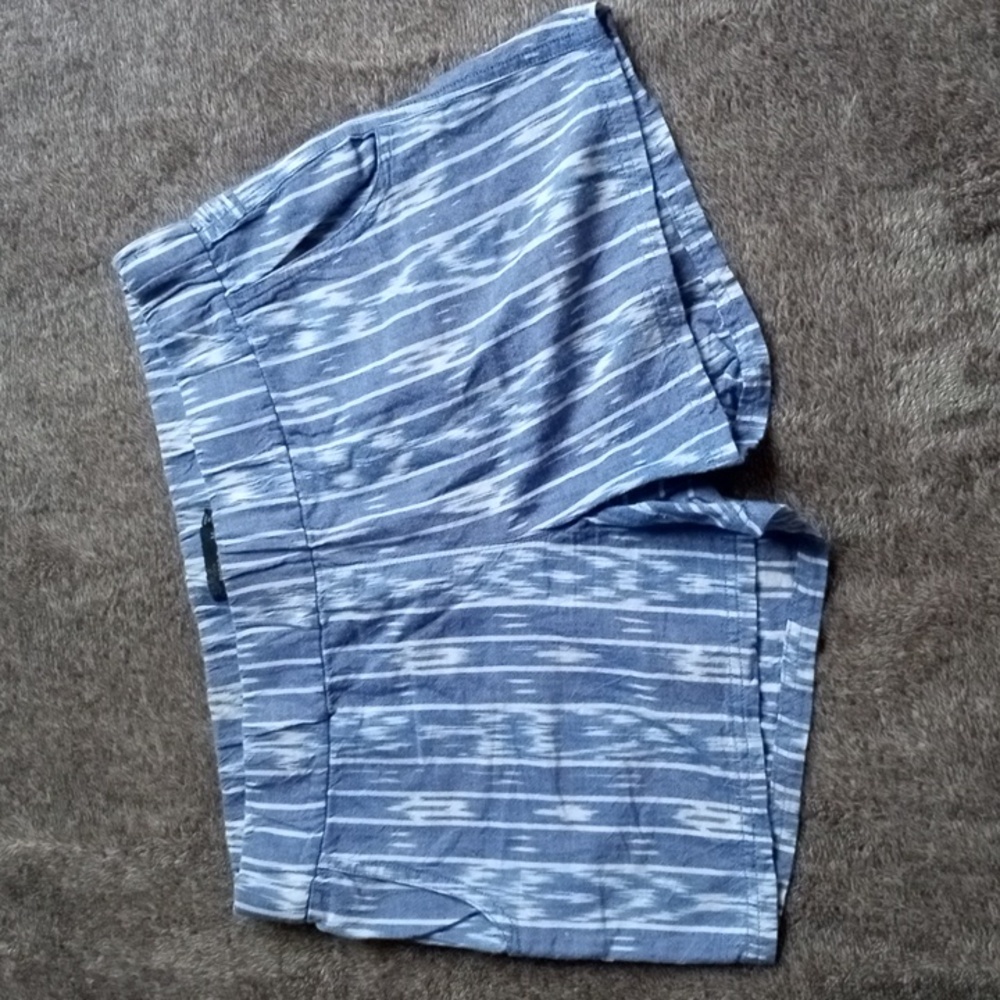 Prana Reba blue and white geometric shorts organic cotton